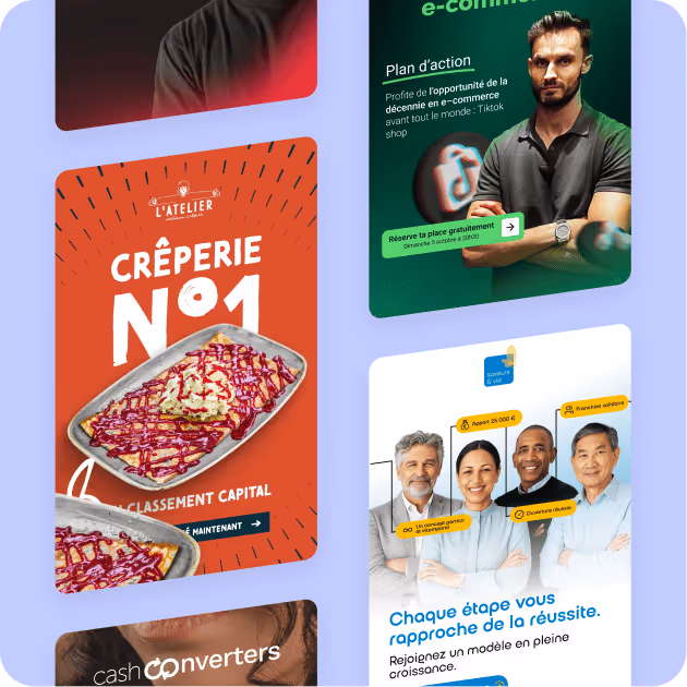 Collage de campagnes publicitaires digitales DesignElite : Crêperie N°1, plan d'action e-commerce et Cash Converters