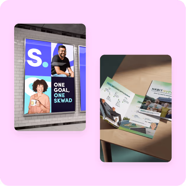 Two images side by side: left, a large wall poster with photos of a smiling man and woman plus text 'ONE GOAL, ONE SKWAD'; right, printed brochures and flyers spread on a wooden table.