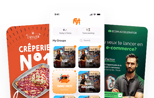 Aperçu de trois cas clients DesignElite sur mobile : Crêperie N°1, app Fyt et Ecom Accelerator