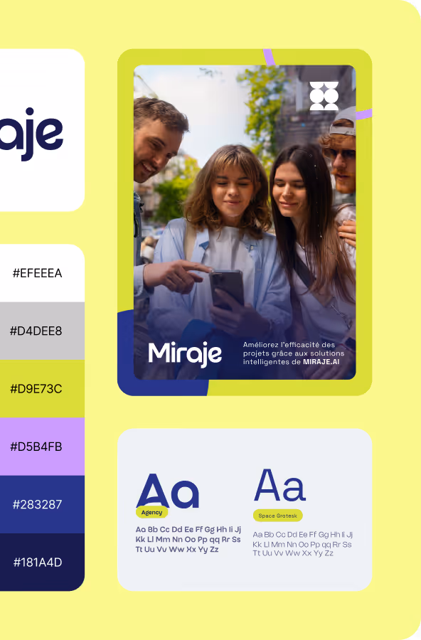 Quatre jeunes regardant un smartphone ensemble, avec texte en français sur l'efficacité des projets et des solutions intelligentes de MIRAGE.AI, entouré d'échantillons de couleurs et polices de caractères.