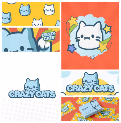 Collage de dessins et de motifs représentant des têtes de chat stylisées en bleu et blanc avec le texte « Crazy Cats » dans un style de bande dessinée colorée.