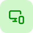 Green icon of a computer monitor with a connected circle on its bottom right, on a light green circular background.