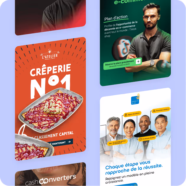 Collage de campagnes publicitaires digitales DesignElite : Crêperie N°1, plan d'action e-commerce et Cash Converters