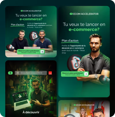 Publicité Ecom Accelerator pour lancer en e-commerce avec plan d'action et invitation à réserver une place gratuite le dimanche 5 octobre à 20h30.