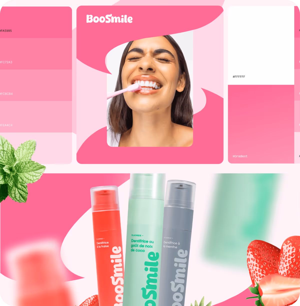 Smiling woman brushing her teeth with a pink toothbrush above three BooSmile toothpaste bottles in strawberry, coconut, and mint flavors.