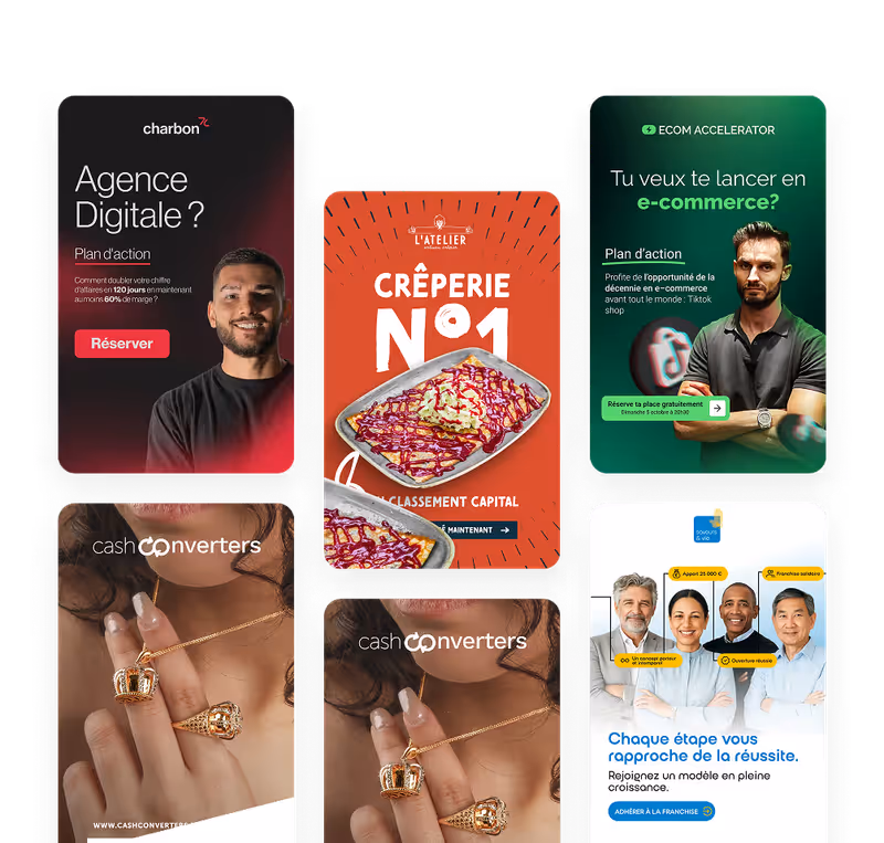 Mosaïque de six publicités digitales comprenant agences numériques, crêperie n°1, accélérateur e-commerce, bijoux Cash Converters, et franchise Savourez & Vivez avec portraits de personnes et offres.