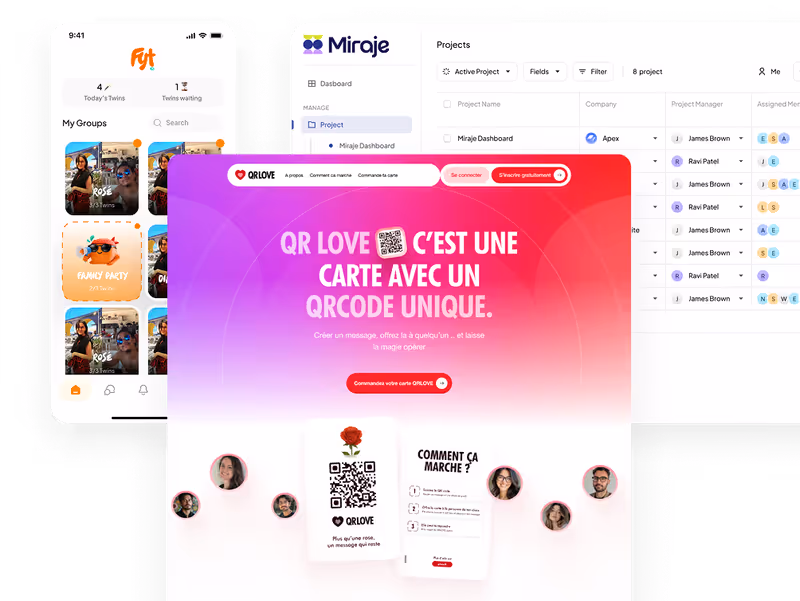 Capture d'écran de trois interfaces numériques affichant une application mobile de groupes, un tableau de gestion de projets, et une page web QR LOVE avec une carte à code QR unique en dégradé rose et violet.