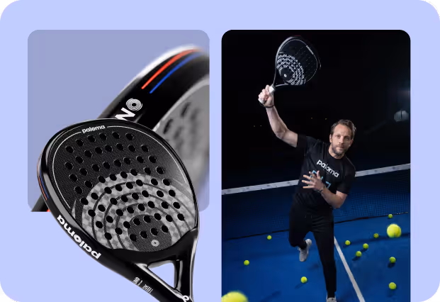 A padel player in black holding a Paloma racket on a blue court with several yellow balls scattered around.