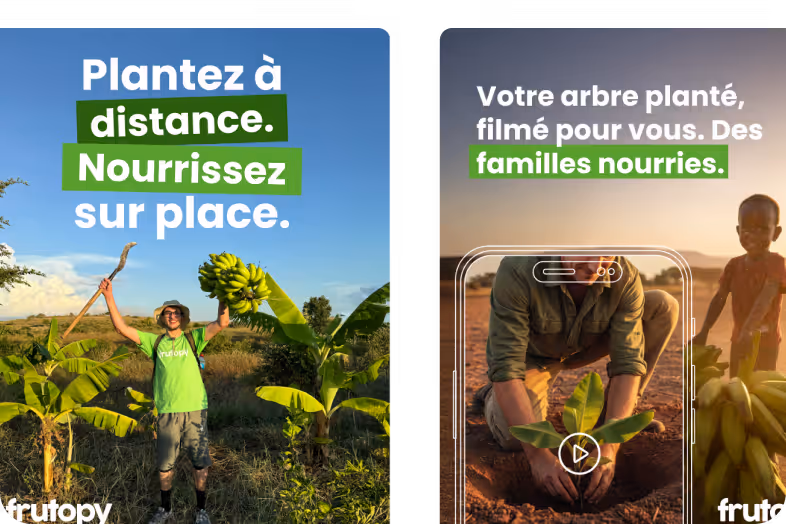 Homme en t-shirt vert tenant une banane dans une plantation avec le texte sur la plantation à distance et alimentation sur place; un homme plante un arbre filmé sur un téléphone avec un enfant en arrière-plan, accompagné du texte sur arbre planté filmé et familles nourries.
