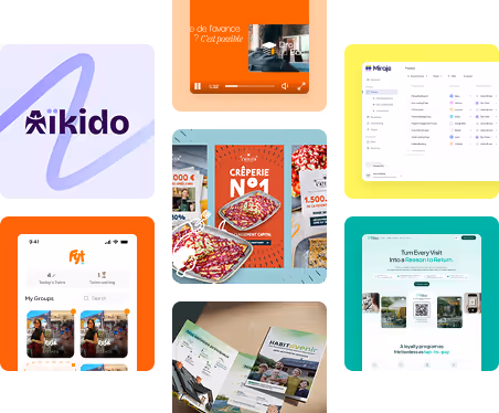 Collage of six screenshots including a Kikido logo, a fitness app interface, a creperie advertisement with food photos, a Mirais app dashboard, a dual page brochure, and a TurnEveryVisit webpage.