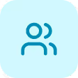 Blue icon of two abstract human figures on a light blue circular background.
