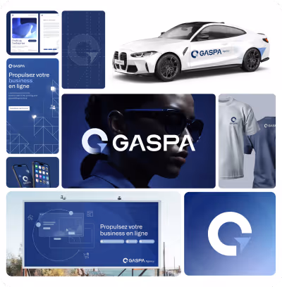 Identité visuelle de GASPA avec logo bleu et blanc, exemples sur voiture, t-shirts, smartphone, panneau publicitaire et portrait stylisé.
