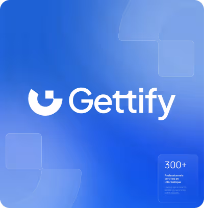 Logo Gettify blanc sur fond bleu avec texte indiquant 300+ professionnels certifiés en informatique.