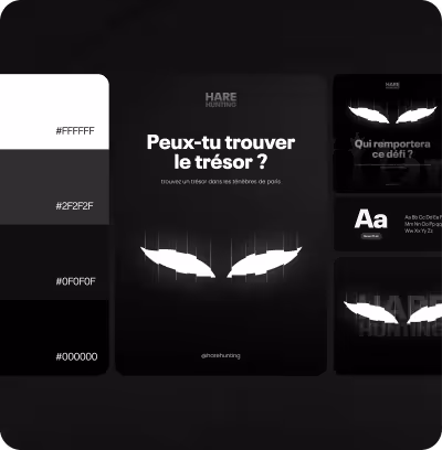 Palette de couleurs et éléments de design pour 'Hare Hunting' avec texte français invitant à trouver un trésor dans les ténèbres de Paris, deux yeux blancs stylisés sur fond noir.