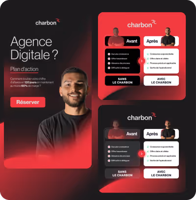 Publicité pour une agence digitale Charbon proposant un plan d'action pour doubler votre chiffre d'affaires en 120 jours avec 60% de marge, incluant un comparatif avant et après avec ou sans Charbon.