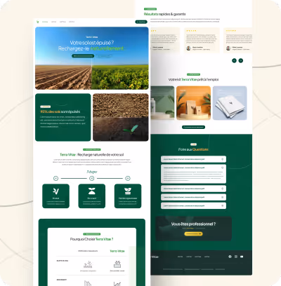 Page web en français présentant Terra Vitae avec images de sols, illustrations des étapes du produit, avis clients, kit prêt à l’emploi, FAQ et appel aux professionnels.