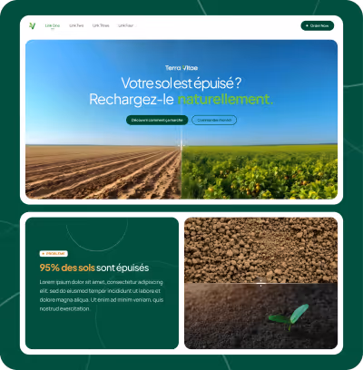 Page web montrant un sol sec et un sol fertile avec plantes, texte incitant à recharger le sol naturellement, et statistiques parlant des sols épuisés.