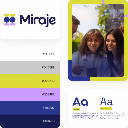 Miraje brand card featuring its logo, color palette with hex codes, typography samples for 'Agency' and 'Space Grotesk' fonts, and a photo of four people looking at a phone outdoors.