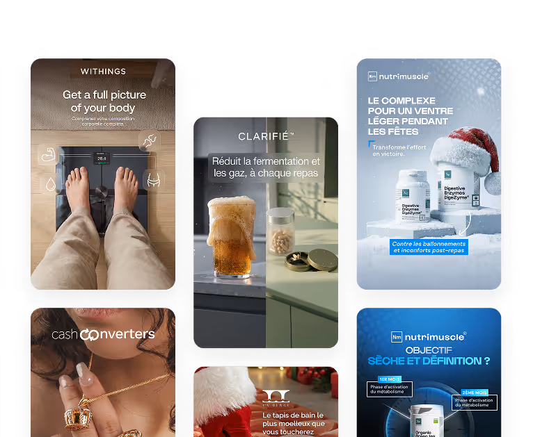 Montage of six ads: a Withings body scale, the low-fermentation drink Clarifié, NutriMuscle supplements for digestion and muscle definition, and a Cash Converters crown jewel.