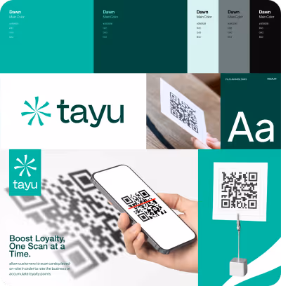 Palette de couleurs Dawn, logo Tayu, style de police Plus Jakarta Sans, et images de QR codes scannés avec un smartphone et sur support.